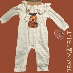 Chick Pea Pumpkin Halloween/Fall Onesie/Romper 2 Piece Set w/ Headband/Bow | NEW